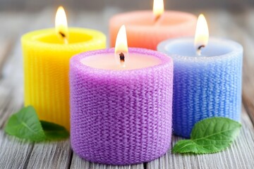 Colorful candles glowing on a rustic wooden table surrounded by fresh mint leaves in a cozy indoor setting