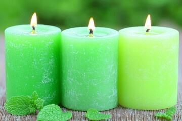 Green candles burning on a wooden surface with fresh mint leaves surrounding them