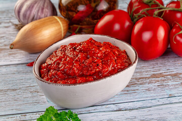 Bulgarian traditional lutenica pepper sauce