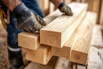 Carpenter at work measuring and cutting a wood plank with tools in a workshop