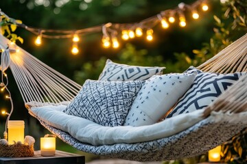 Cozy hammock adorned with decorative pillows under soft lighting in a serene outdoor setting at dusk