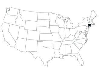 Map of Connecticut State in United States country on white background. Single State map highlighted by black colour on United States of America map. UNITED STATES, US
