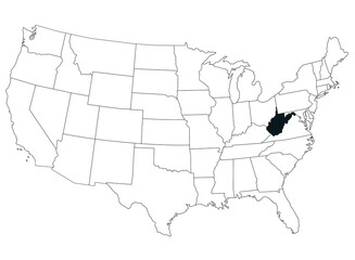 Map of West Virginia State in United States country on white background. Single State map highlighted by black colour on United States of America map. UNITED STATES, US