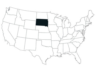 Map of South Dakota State in United States country on white background. Single State map highlighted by black colour on United States of America map. UNITED STATES, US