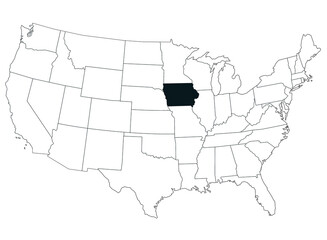 Map of Iowa State in United States country on white background. Single State map highlighted by black colour on United States of America map. UNITED STATES, US