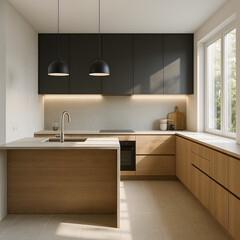A modern kitchen with black cabinets and white counter tops.