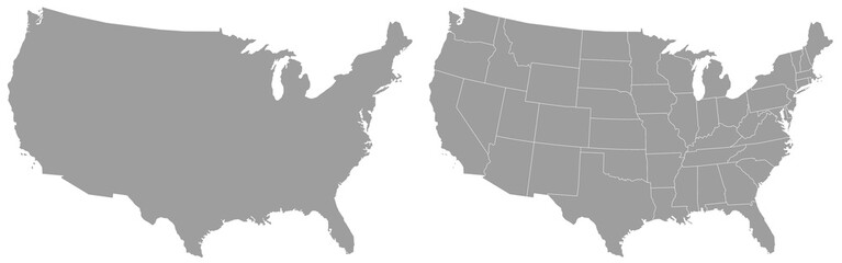 American map set. United States of America map set in grey color