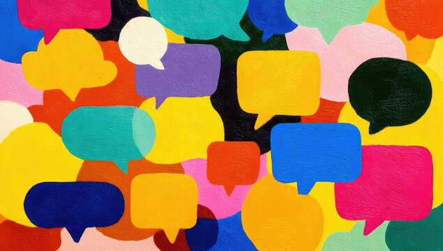 An abstract artwork featuring numerous colorful speech bubbles of varying shapes and sizes, overlapping and creating a dynamic composition