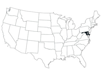 Map of Maryland State in United States country on white background. Single State map highlighted by black colour on United States of America map. UNITED STATES, US