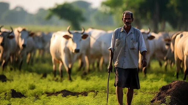 Cattle Farming in Rural India, A Traditional Herdsman Guiding His Livestock