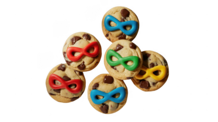 Six chocolate chip cookies featuring colorful superhero masks create a fun and playful treat on a transparent background, ideal for baking and children's parties