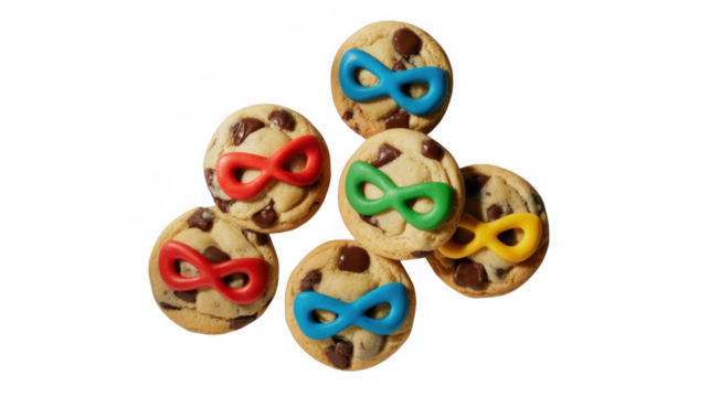Six chocolate chip cookies featuring colorful superhero masks create a fun and playful treat on a transparent background, ideal for baking and children's parties