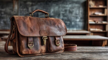 Leather satchel resting on a rustic wooden desk in a vintage classroom setting highlighting educational themes and nostalgia