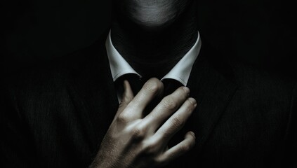 Close-up of a man in a dark suit, adjusting his tie.  The image is darkly lit, creating a mysterious and serious mood. The focus is on his hand and the collar of his shirt
