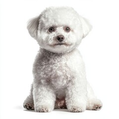 Cute white fluffy small dog with expressive eyes sitting on a white background, adorable pet, and companion, perfect for pet care and animal beauty themes