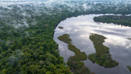 AERIAL VIEW OF FLOODED FORESTS IN THE PERUVIAN AMAZON RAINFOREST, AERIAL DRONE PHOTOGRAPHY OF THE...