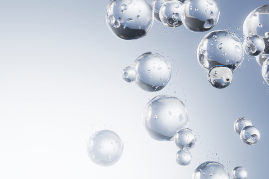  3D render of water bubbles floating on light background