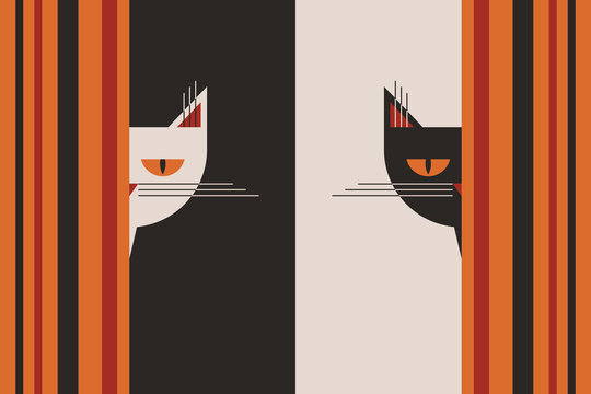 Black and white cats peek out from behind the curtains