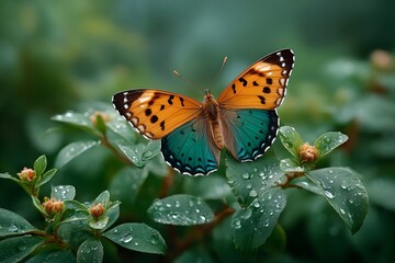 Obraz premium macro shot of a butterfly on a leaf, showcasing vibrant colors and intricate wing patterns, with glistening droplets and a soft green background.