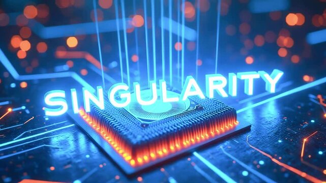 Futuristic microchip representing technological singularity with glowing circuits in a digital landscape