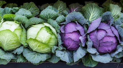 Vibrant Green and Purple Cabbages Displayed Close Up