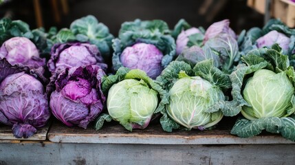 Fresh Purple and Green Cabbages at a Farmers Market