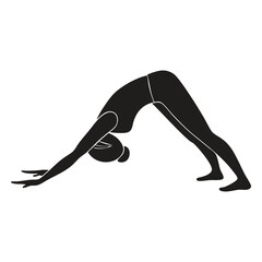 Black silhouette figures in various yoga poses such as tree pose, downward dog, cobra, warrior, lotus on plain white background