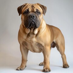 Obraz premium Adorable and muscular brown bulldog with expressive face standing on neutral gray background in a studio shot showcasing breed features and alert posture