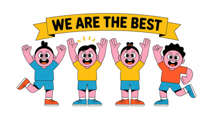 Four cheerful children with raised hands are celebrating their achievement under a banner proclaiming we are the best in a colorful, transparent background illustration