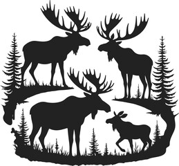Moose silhouette collection in forest scene black and white illustration