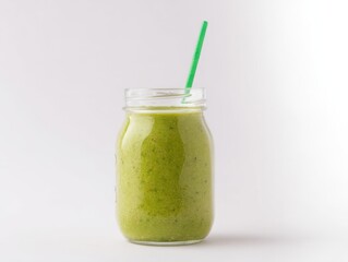Green smoothie in mason jar with glass straw isolated on white
