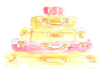 Stack of suitcases, moving, travel. Watercolor illustration, hand drawn modern freehand new