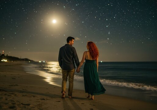 Romantic couple walking hand in hand on the beach under a starry night sky - Powered by Adobe