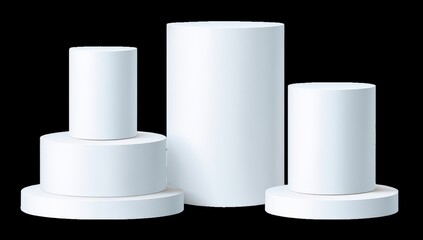 Three white cylindrical display stands of varying heights