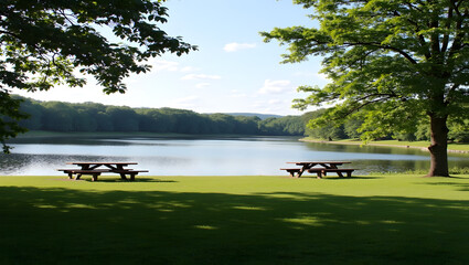 Serene lakeside park with picnic spots