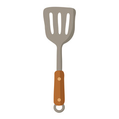Metal spatula with wooden handle and loop, drawn in flat cartoon vector style.
