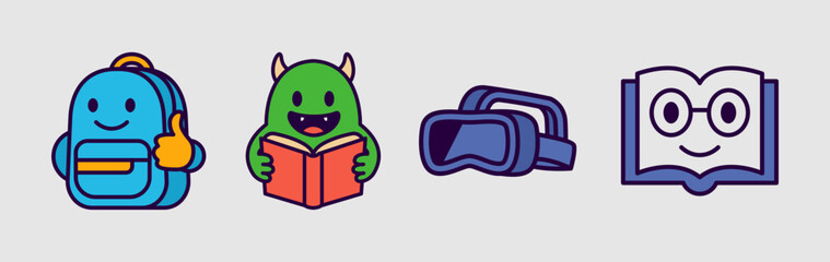 Cartoon Fun Education Mascot Icons. Fun Learning Characters, Book, Robot, Rocket, VR, Earth, Owl,Bag