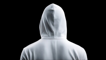Rear view of a person wearing a white hooded sweatshirt against a black background