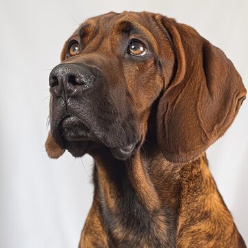 Close-up portrait of a large brown dog with expressive eyes and droopy ears against a plain white background perfect for pet or animal themed projects