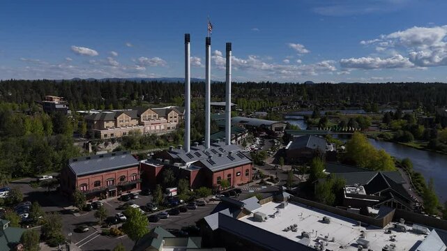Aerial 4K Drone Video of the Old Mill District in Bend, Oregon &ndash; Historic Buildings, Shops, and Deschutes River Views