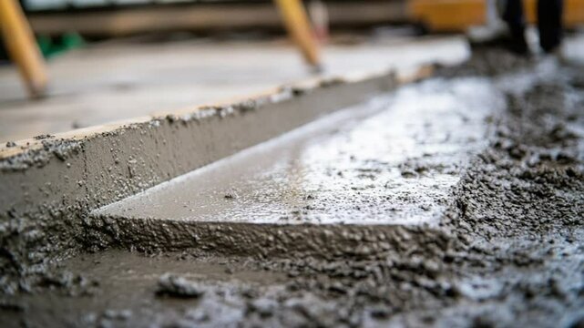 Concrete Pouring: Freshly poured concrete forming a straight edge in an industrial setting. The image showcases the building process with raw material and a craftsman's eye.