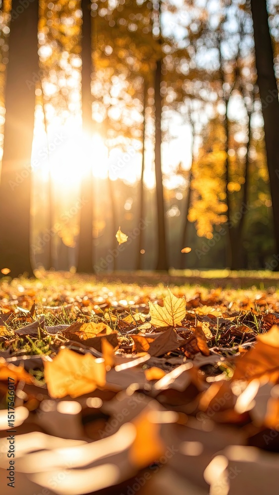 Poster golden autumn leaves scattered on the ground with sunlight filtering through trees in a serene fores
