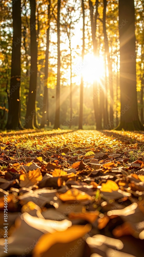 Aufkleber sunlight illuminating a forest path covered with autumn leaves, creating a warm and inviting atmosph
