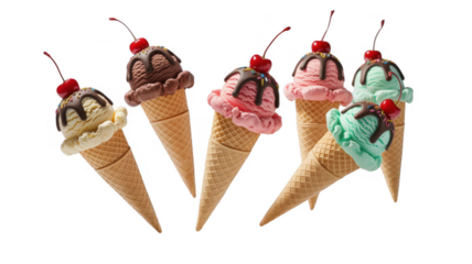 Five colorful ice cream cones, topped with chocolate sauce, sprinkles, and a cherry, are presented against a transparent background, offering a refreshing and customizable treat