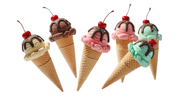 Five colorful ice cream cones, topped with chocolate sauce, sprinkles, and a cherry, are presented against a transparent background, offering a refreshing and customizable treat