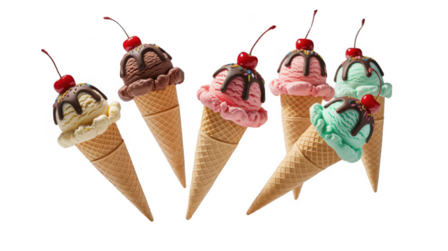 Five colorful ice cream cones, topped with chocolate sauce, sprinkles, and a cherry, are presented against a transparent background, offering a refreshing and customizable treat
