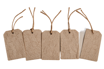Six Brown Kraft Paper Gift Tags with Twine Strings on Transparent Background, PNG