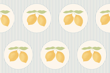 Seamless pattern of blue stripes with lemons and leaves. Italian summer vacation. Dolce vita background with citrus fruits. Vector trendy design for fabric, wrapping paper