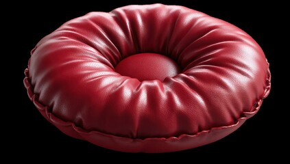 Round, crimson leather cushion with a central, recessed circular shape