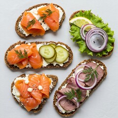 Nordic smørrebrød (open-faced sandwiches) with various toppings like smoked salmon, pickled herring, and roast beef on rye bread,